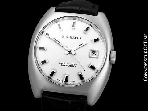 1970's Bucherer (Carl F. Bucherer) Large Vintage Mens Officially Certified Chronometer Watch - Stainless Steel