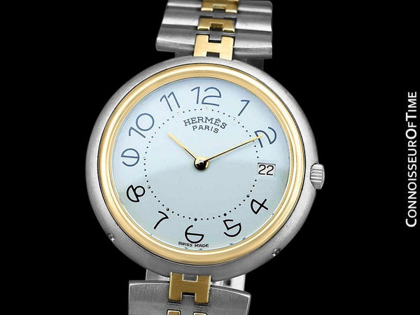 Hermes Profile Unisex Mens Midsize Watch with Bracelet - 18K Gold Plated & Stainless Steel