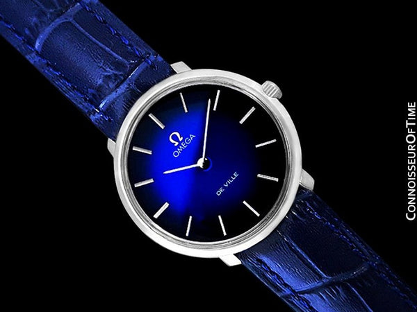 1974 Omega De Ville Vintage Mens Handwound Blue Vignette Dial Watch - Stainless Steel