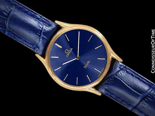 Omega De Ville Vintage Mens Midsize Thin Quartz Dress Watch with Blue Dial - 18K Gold Plated
