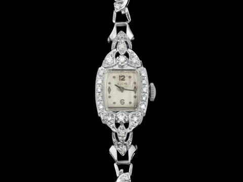 1950's Elgin Vintage Ladies Watch - 14K White Gold & Diamonds