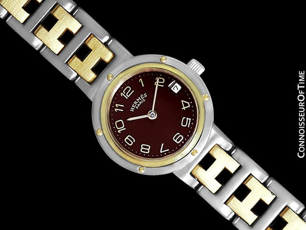 Hermes Ladies Clipper 2-Tone Quartz Watch with Dark Wine Dial - Stainless Steel & 18K Gold Plated
