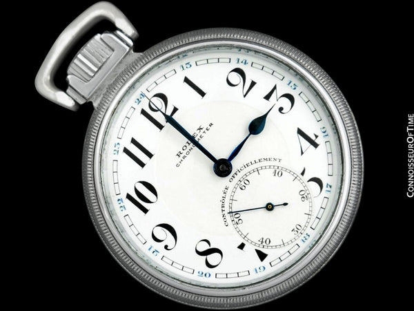 1930's Rolex Railroad Kew A Chronometer 21J Antique Mens Pocket Watch, 52mm - Snowite Chrome