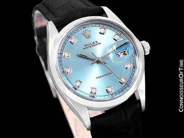 1969 Rolex Oysterdate Mens Vintage Tiffany Blue Dial Watch - Stainless Steel & Diamonds