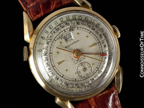 1950's Bucherer Vintage Mens Triple Date Calendar Watch - 18K Gold