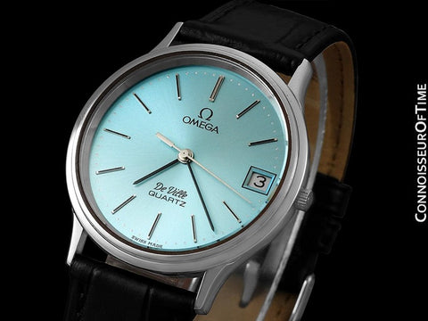 1981 Omega De Ville Classic Retro Mens Accuset Watch with Tiffany Blue Dial, Quick-Setting Hour - Stainless Steel