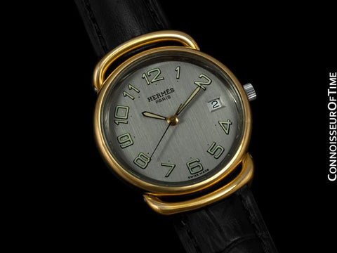Hermes Large Ladies / Mens Midsize Pullman Watch with Date - 18K Gold Plated & Stainless Steel