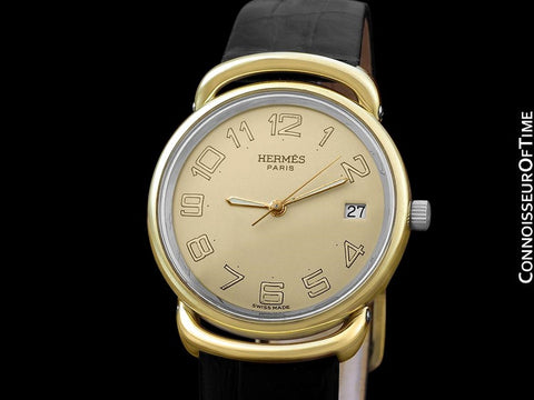 Hermes Pullman Unisex Mens Midsize Beige Dial Watch with Date - 18K Gold Plated & Stainless Steel