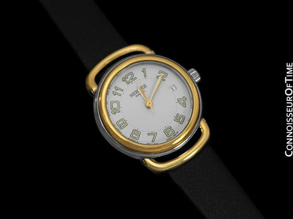 Hermes Pullman Ladies White Dial Watch with Date - 18K Gold Plated & Stainless Steel