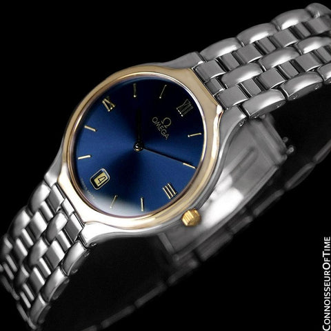 Omega De Ville "Symbol" Mens Quartz Blue Dial Dress Watch - Stainless Steel & Solid 18K Gold