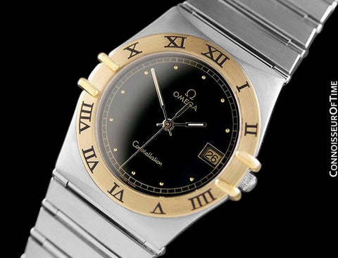 Omega Constellation Mens 35mm Watch, Quartz, Date, Black Dial - Brushed Stainless Steel & 18K Gold