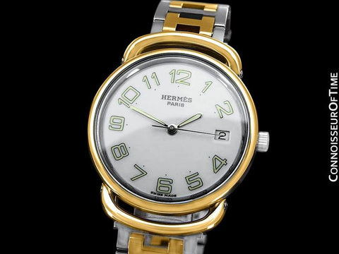 Hermes Mens Midsize Unisex Pullman Watch with Bracelet - 18K Gold Plated & Stainless Steel