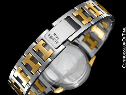 Hermes Mens Midsize Unisex Pullman Watch with Bracelet - 18K Gold Plated & Stainless Steel