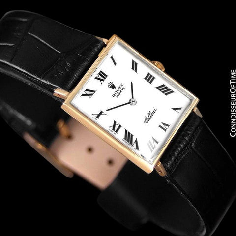 1960's Rolex Cellini Vintage Mens Midsize Rectangular Handwound Watch, White Dial, Ref. 3603 - 18K Gold