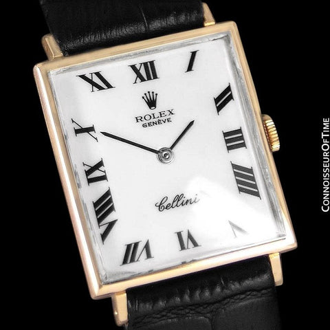 1960's Rolex Cellini Vintage Mens Midsize Rectangular Handwound Watch, White Dial, Ref. 3603 - 18K Gold