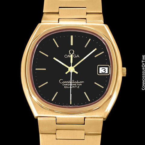 1970's Omega Constellation Chronometer Cool Vintage Mens Quartz Bracelet Watch - 18K Gold Plated & Stainless Steel