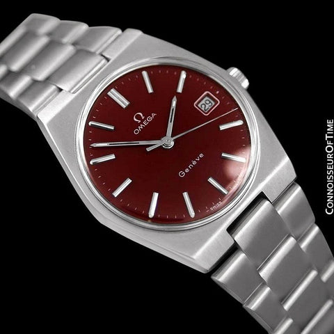 1972 Omega Geneve Vintage Mens Watch, Quick-Setting Date, Red Wine Dial - Stainless Steel