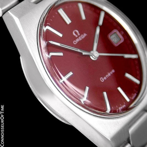 1972 Omega Geneve Vintage Mens Watch, Quick-Setting Date, Red Wine Dial - Stainless Steel
