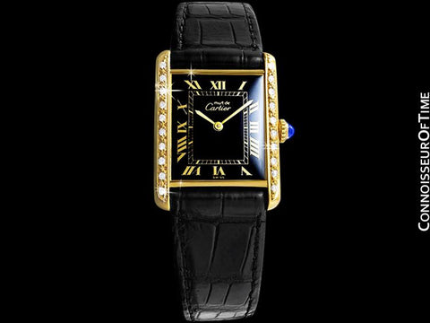 Cartier Vintage Mens Tank Mechanical Watch - Gold Vermeil, 18K Gold over Sterling Silver and Diamonds