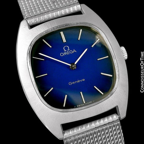 1974 Omega Geneve Vintage Retro Mens Handwound Ultra Slim Watch with Blue Vignette Dial - Stainless Steel