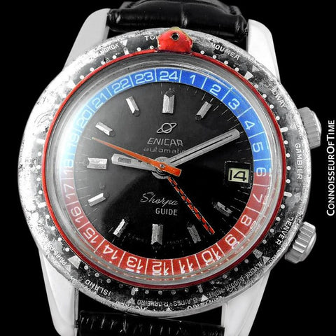 1969 Enicar Sherpa Guide GMT Pepsi Bezel World Time Mens Pilots Compressor Watch, Extra Large Size - Stainless Steel