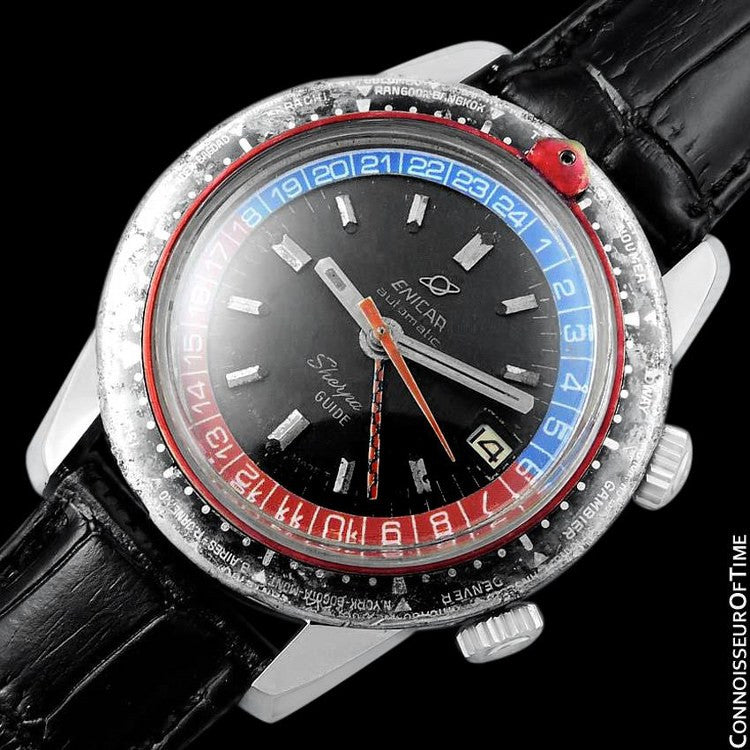1969 Enicar Sherpa Guide GMT Pepsi Bezel World Time Mens Pilots Compressor Watch, Extra Large Size Stainless Steel