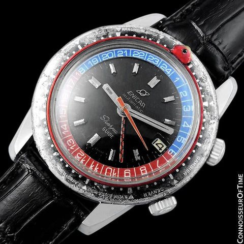 1969 Enicar Sherpa Guide GMT Pepsi Bezel World Time Mens Pilots Compressor Watch, Extra Large Size - Stainless Steel
