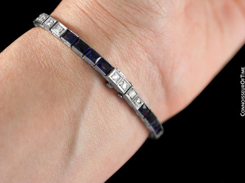 Stunning Art Deco Diamond, Sapphire, and Platinum Line Tennis Bracelet