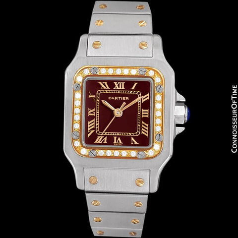 Cartier Santos Ladies Automatic Watch with Date with Red Wine Dial - Stainless Steel, 18K Gold and Diamonds