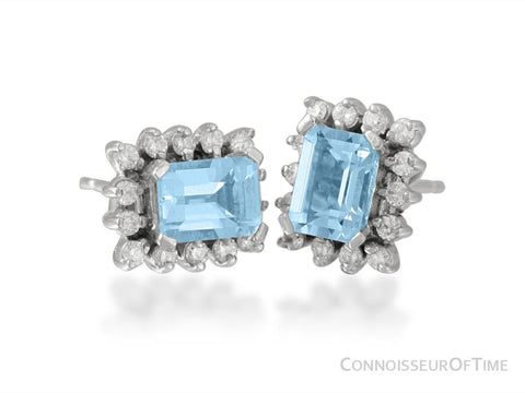 Diamond, Aquamarine and 14K White Gold Stud Earrings, 2.1 Carats Total Gem Weight