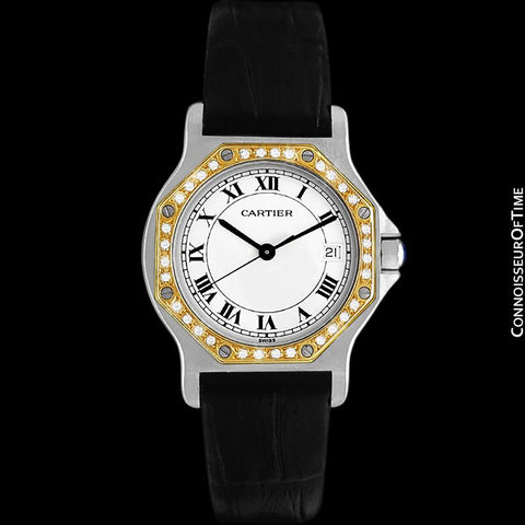 Cartier Santos Octagon Mens Midsize Quartz Watch - Stainless Steel, 18K Gold & Diamonds