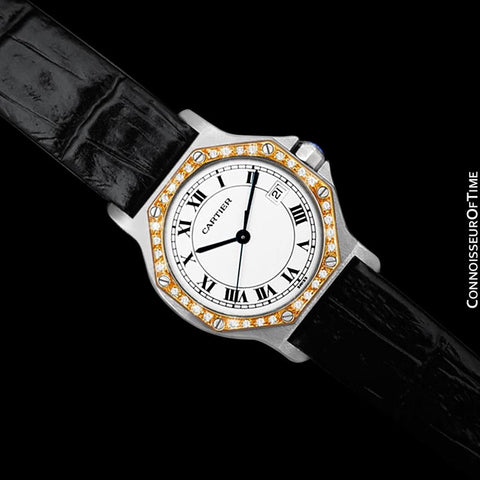 Cartier Santos Octagon Mens Midsize Quartz Watch - Stainless Steel, 18K Gold & Diamonds