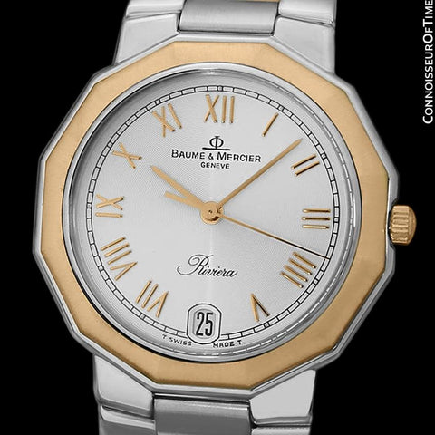 Baume & Mercier Mens Riviera Two-Tone Silver DIal Watch - Stainless Steel and Solid 18K Gold