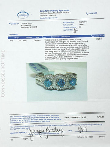18K White Gold & Blue Diamond 3-Stone Wedding Ring - 1.82 Carats TDW