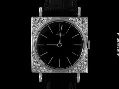 1950's Angelus Vintage Mens Tuxedo Style Watch - 14K White Gold & Diamonds