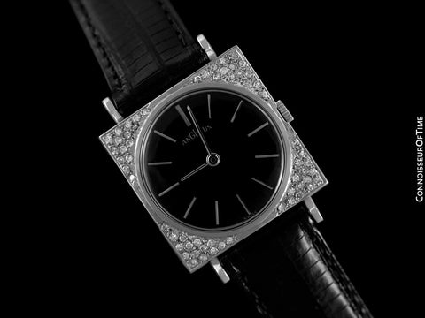 1950's Angelus Vintage Mens Tuxedo Style Watch - 14K White Gold & Diamonds
