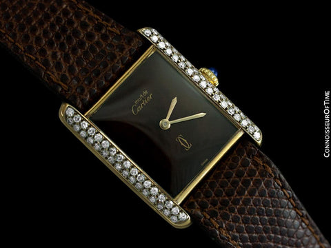 Cartier Vintage Mens Midsize Tank Mechanical Watch - Gold Vermeil, 18K Gold over Sterling Silver & Diamonds