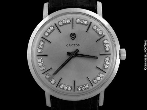 1960's Croton Swiss Vintage Mens Watch - 14K White Gold & Diamonds
