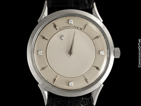 c. 1960 Longines Mystery Dial Vintage Watch - 14K White Gold & Diamonds - Thunderbolt Dial