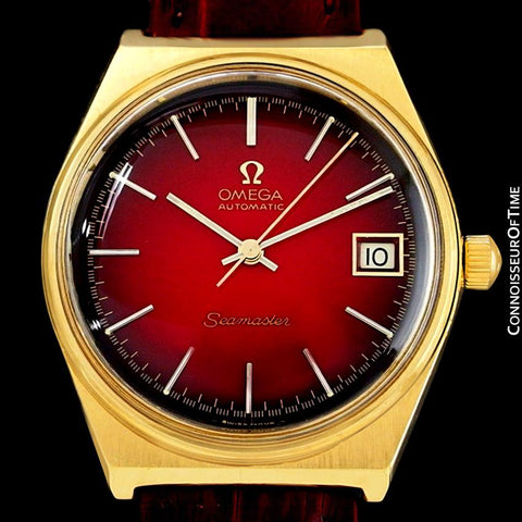 1975 Omega Vintage Seamaster Mens Red Vignette Dial Watch, Automatic, Date - 18K Gold Plated & Stainless Steel