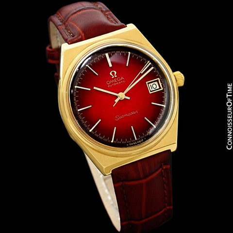 1975 Omega Vintage Seamaster Mens Red Vignette Dial Watch, Automatic, Date - 18K Gold Plated & Stainless Steel