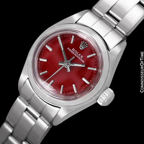 1979 Rolex Oyster Perpetual Ladies Vintage Watch with Berry Red Dial, No Date - Stainless Steel