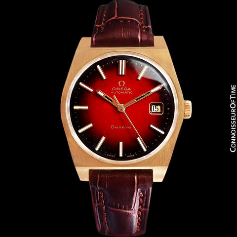 1973 Omega Geneve Vintage Mens Dress Watch with Red Vignette Dial & Date - 18K Gold Plated & Stainless Steel