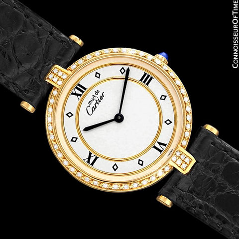 Must De Cartier Vendome Mens Midsize Unisex Vermeil Watch - 18K Gold Over Sterling Silver & Diamonds