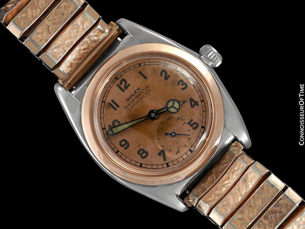 1938 Rolex Vintage Mens Oyster Perpetual Bubbleback Watch, Ref. 3132 - Stainless Steel & 18K Rose Gold