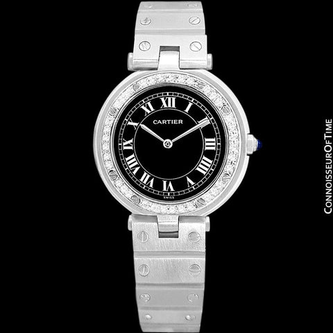 Cartier Santos Vendome Ladies Quartz Watch with Black Dial - Stainless Steel & Diamonds