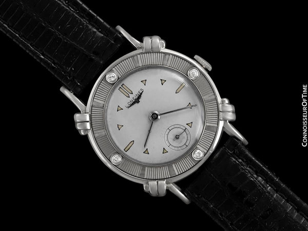 1952 Longines Vintage Mens Midsize Watch with Knot Lugs - 14K White Gold and Diamonds