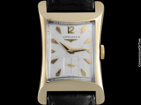 1955 Longines Vintage Mens Rectangular Handwound Dress Watch, 14K Gold - The Hourglass