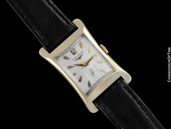 1955 Longines Vintage Mens Rectangular Handwound Dress Watch, 14K Gold - The Hourglass