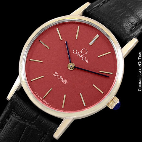 c. 1980 Omega De Ville Vintage Ladies Watch with Berry Red Dial - 18K Gold Plated & Stainless Steel